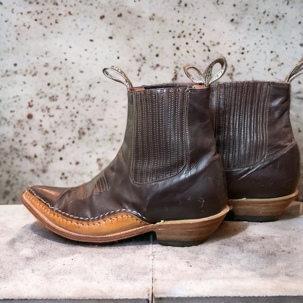 Vintage Brown Leather Western Chelsea Ankle Pointed Toe Heeled Cowboy Boots